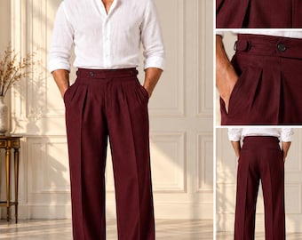 Men's High-Waisted Gurkha Trousers, Double Pleated Wide Leg Pants (Made to Measure)