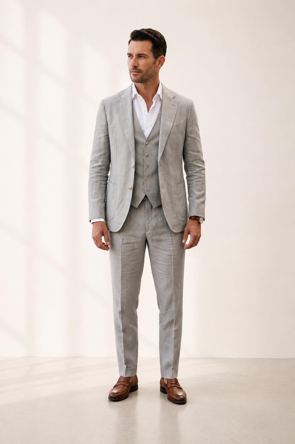 Men's Light Gray Linen 3 Piece Suit Custom Made Wedding Suit Modern Classic Groom Suit Tailored Vest & Trousers Summer Formal Suit