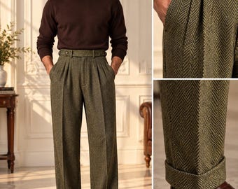 Men's Herringbone Gurkha Trousers, High-Waist Double Pleated, Custom Fit (Made to Measure)