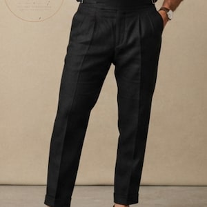 Men's Black Linen Gurkha Trousers – High Waisted Pleated Trouser, Vintage Style Side Adjuster Pants, Summer Formal Casual Trousers For Men