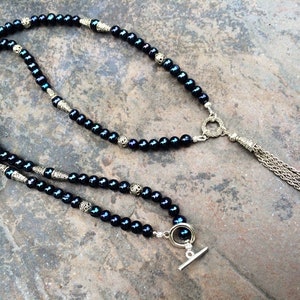 Extra Long Black Freshwater Pearl Necklace with Tassel Pendant and Toggle Clasp 36" Necklace