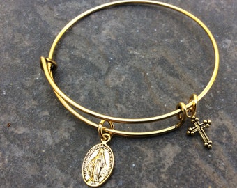 Antique Gold finish Virgin Mother Mary Miraculous Medal adjustable wire bangle bracelet with Cross charm Religious jewelry Christian