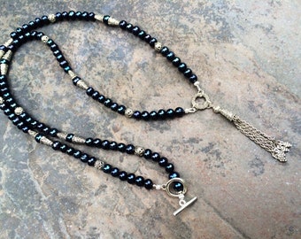 Extra Long Black Freshwater Pearl Necklace with Tassel Pendant and Toggle Clasp 36" Necklace