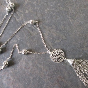 Extra Long silver tassel necklace with filigree beads and toggle clasp 36"