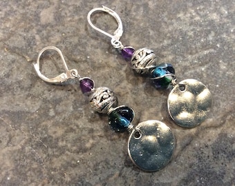 Wire Wrapped Purple and blue earrings with Leverback closures and hammered  Disk Detail Sterling ear wires Great Gift