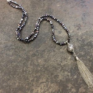 Extra Long Peacock Pearl Tassel Necklace with magnetic clasp and silver Filigree pendant