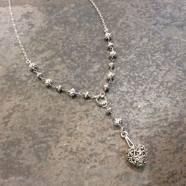 Y Style Heart Necklace with Rosary style chain and Silver Filigree beads Silver Filigree necklace 17 1/2” Gift for Her