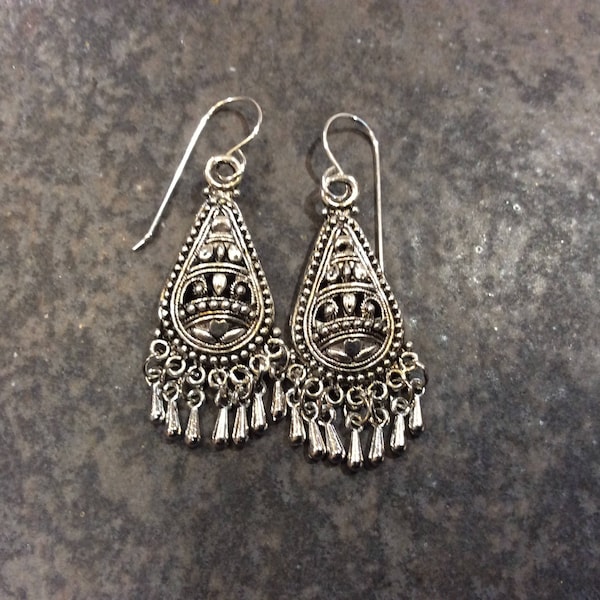 Silver Filigree chandelier earrings with sterling silver earwires and heart detail Boho dangle earrings Great gift!