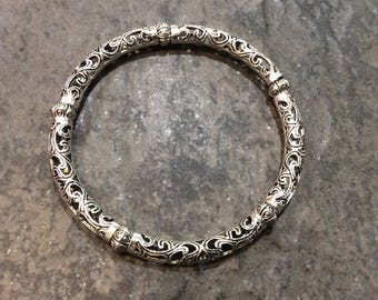 Silver filigree stretch bangle bracelet with ornate silver beads one size fits most silver bangle