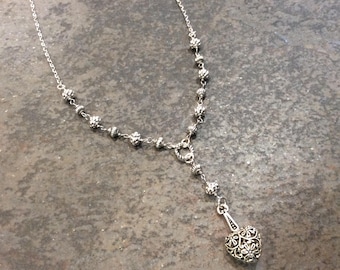 Y Style Heart Necklace with Rosary style chain and Silver Filigree beads Silver Filigree necklace 17 1/2” Gift for Her