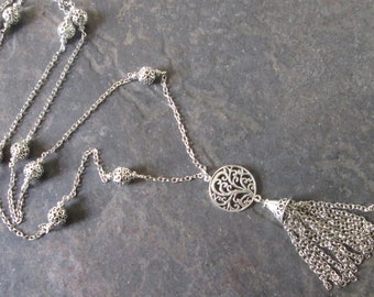 Extra Long silver tassel necklace with filigree beads and toggle clasp 36"