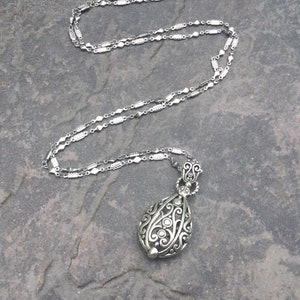Extra Long Filigree necklace with puffed silver ball pendant  36” with Ornate Chain Plus Size necklace