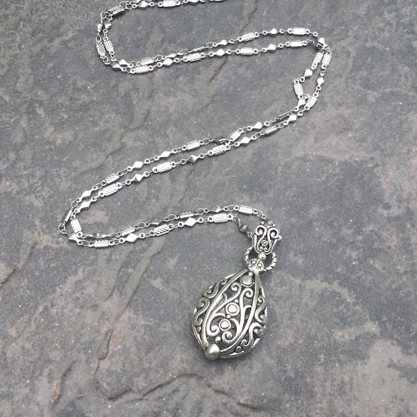 Extra Long Filigree necklace with puffed silver ball pendant  36” with Ornate Chain Plus Size necklace