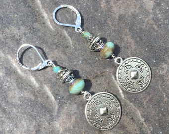 Blue Green Turquoise dangle Earrings with Leverback closures and ornate Silver Disk Detail Great Gift