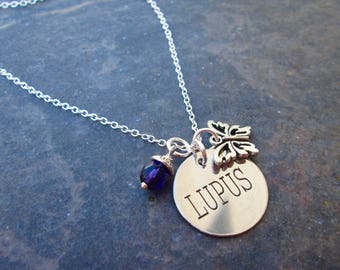 Lupus Awareness necklace with Butterfly and Purple dangle charms and Sterling Silver chain