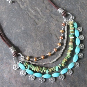 Multi strand Turquoise and leather Boho necklace with freshwater pearls