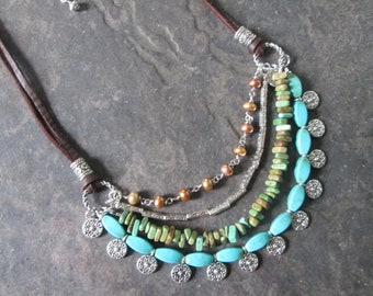 Multi strand Turquoise and leather Boho necklace with freshwater pearls