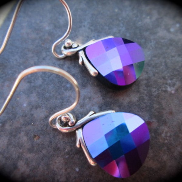 Swarovski Glacier Blue Briolette earrings Sterling Silver Earrings Royal Blue and Purple flash Wedding Jewelry Prom Jewelry