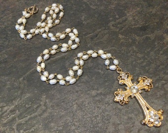 Extra long rosary style pearl necklace with large Rhinestone Cross pendant 40”