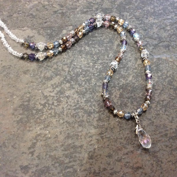 Extra Long  beaded crystal necklace with pastel color Czech Glass beads and Swarovski briolette and toggle clasp