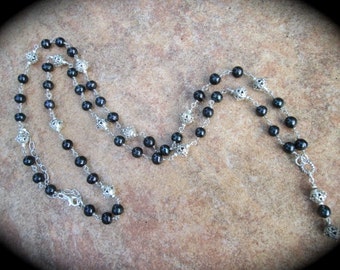 Black Freshwater Pearl Extra Long Rosary Style Necklace Wire wrapped pearl links  33" with 3" extender