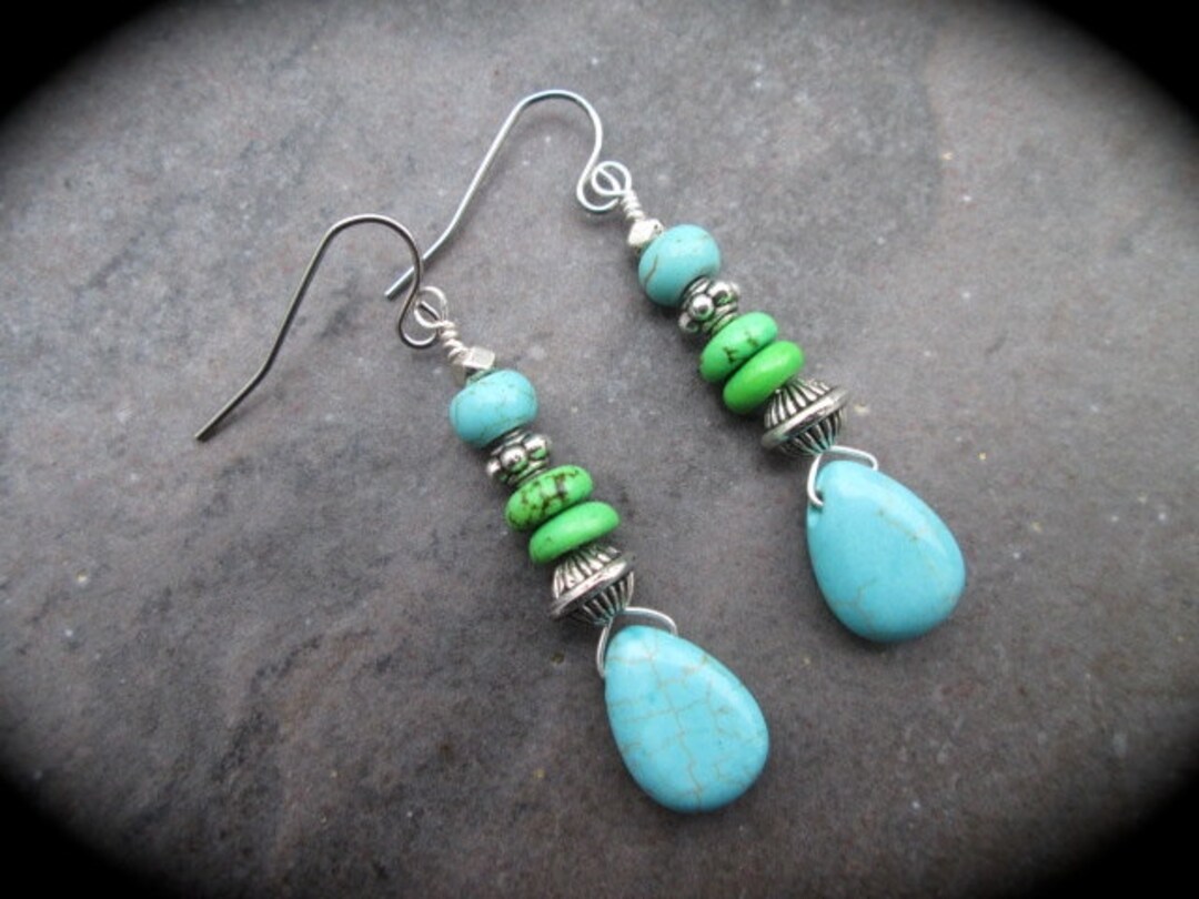 Green Turquoise Teardrop Earrings With Bali Style Beads and Stainless ...