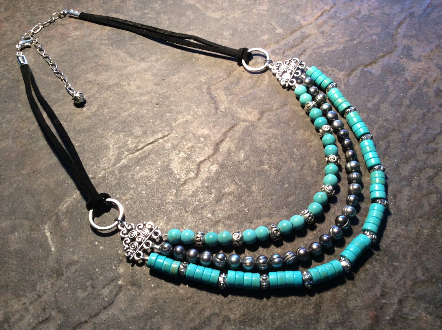 Turquoise Multi strand necklace with Leather Cord and Etsy
