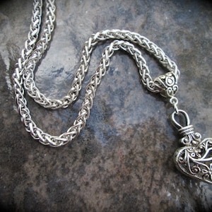 Extra Long Heart necklace with puffed silver filigree Heart pendant 31" with 3" extender Foxtail Chain Plus Size necklace