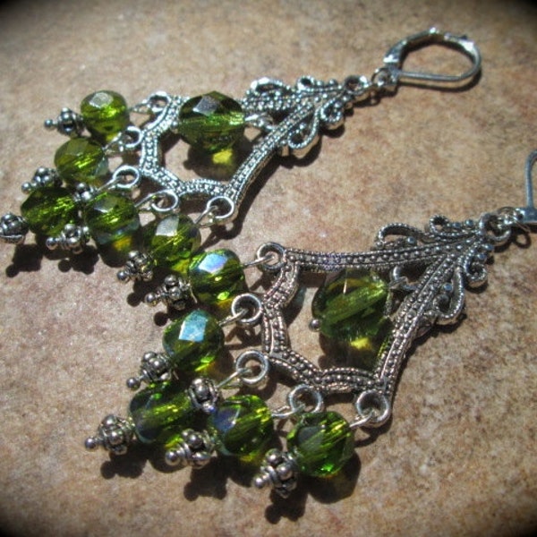 Olive Green Chandelier Earrings with Czech glass beads with Aurora Borealis  finish