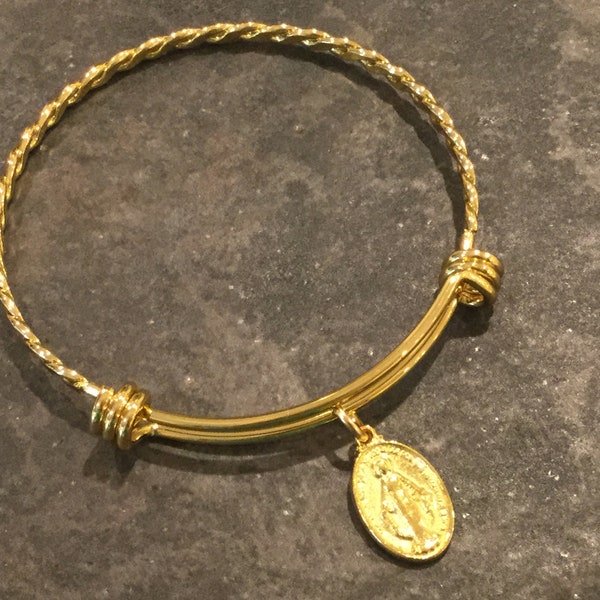 Bracelet jonc réglable en acier inoxydable avec médaille miraculeuse en or, finition dorée vieillie et chaîne