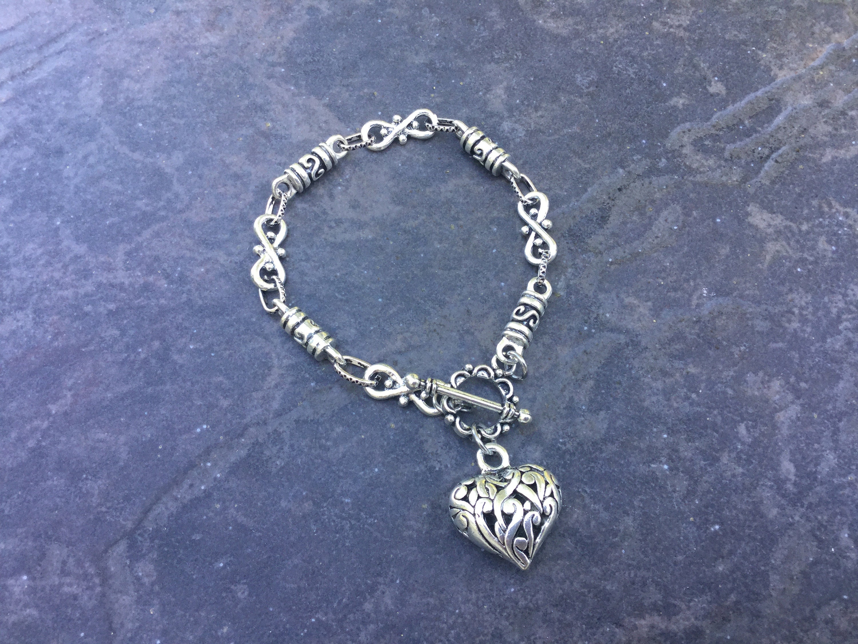 Silver Filigree Heart Toggle Bracelet With Ornate Filigree | Etsy