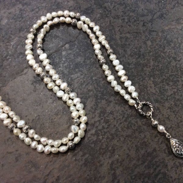 Extra long Freshwater Pearl necklace Rosary style necklace 32” with toggle clasp and silver Filigree pendant and beads