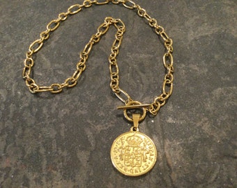 Gold Coin necklace with toggle clasp and Chunky links  20”
