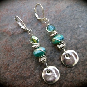 Blue Green Turquoise dangle Earrings with Leverback closures and Hammered Silver Disk Detail Great Gift image 5