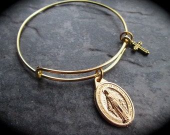 Gold Miraculous Medal adjustable wire bangle bracelet with cross charm Antique Gold finish Religious jewel