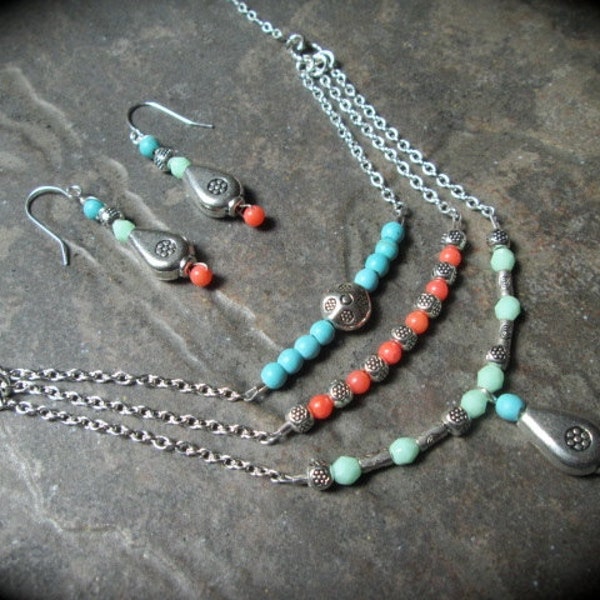 Layered Gemstone Necklace and earrings set earrings with Turquoise Coral and Mint beads and Lois Hill Tribe style pendant