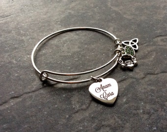 Irish Anam Cara Adjustable wire bangle bracelet with green rhinestone heart Celtic knot and Claddagh  charms Irish Theme Bracelet