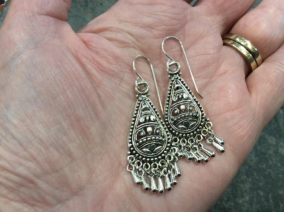 Silver Filigree Boho style chandelier earrings with Sterling Silver earwires