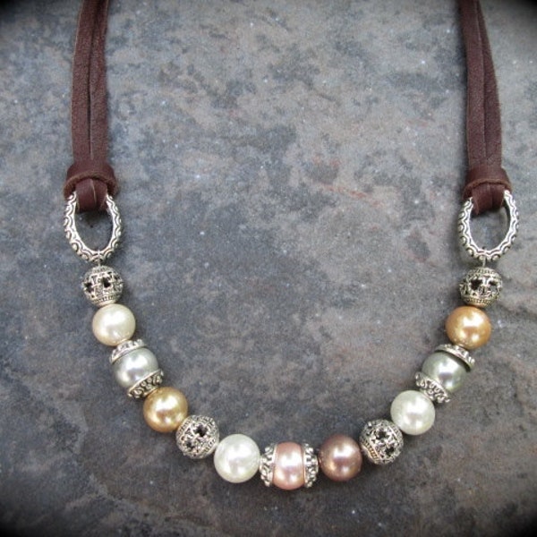 Leather and Pearl necklace with South Seas Shell Pearls in Neutral Pastel Colors and Bali Silver beads 17" with 3" extender