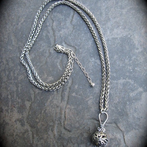 Extra Long Filigree necklace with puffed silver ball pendant  31"  with 3" extender Foxtail Chain Plus Size necklace