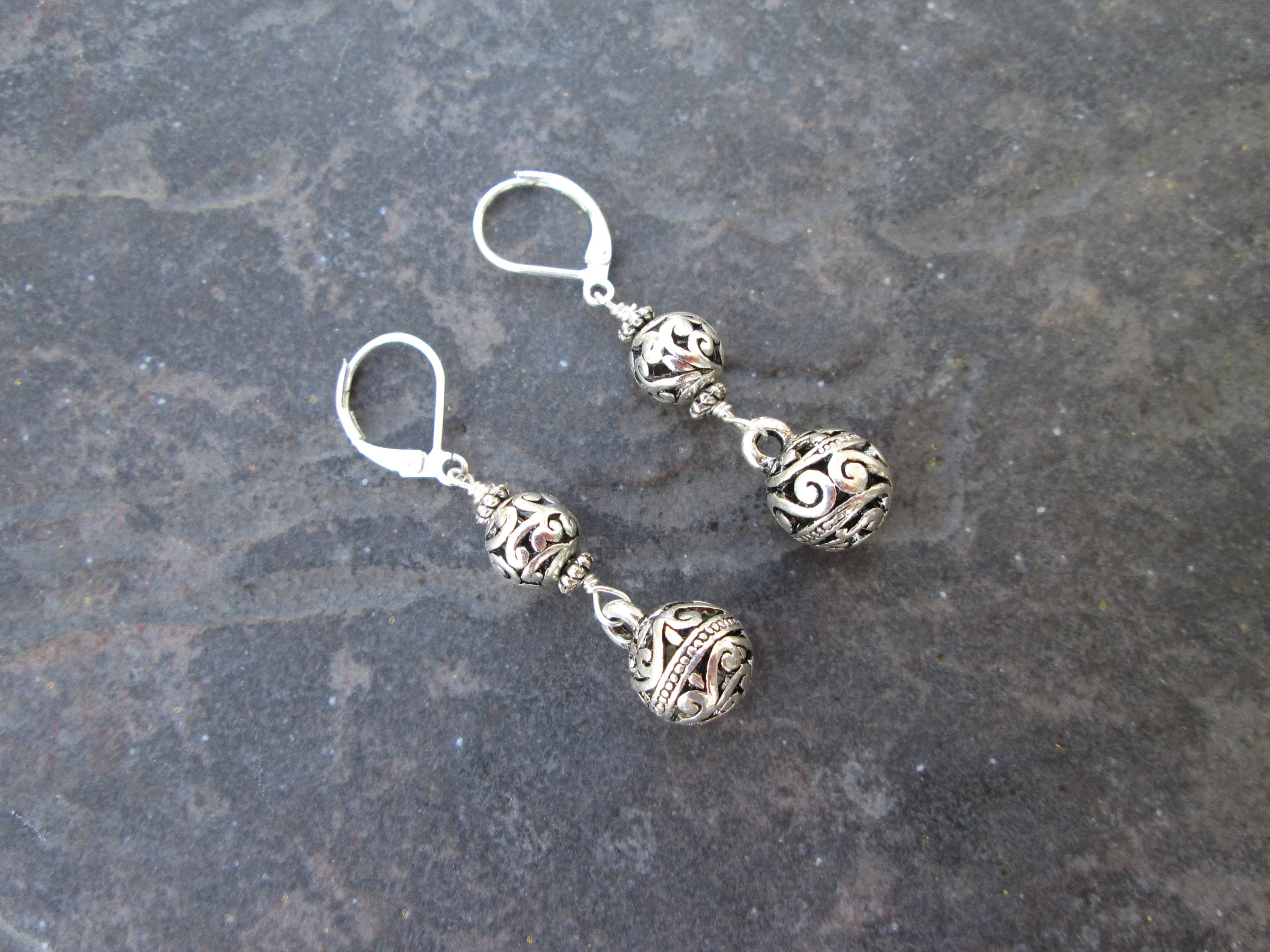 Silver Ball Dangle Earrings - 4 Inch Long Filigree Dangle Earrings, Silver-Tone Statement Earrings