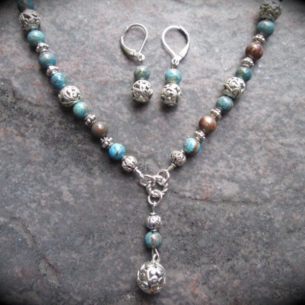 Blue Jasper gemstone and Silver filigree beaded Y necklace and earrings set with Sterling Silver leverbacks