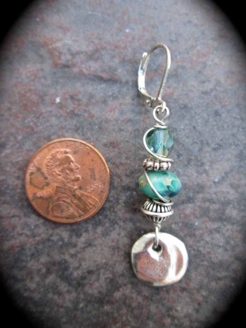 Blue Green Turquoise dangle Earrings with Leverback closures and Hammered Silver Disk Detail Great Gift image 3