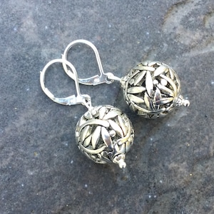 Filigree Dragonfly ball earrings with leverback closures and silver filigree beads Gift for Her