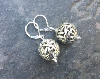 Filigree Dragonfly ball earrings with leverback closures and silver filigree beads Gift for Her