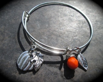 Halloween Fall Theme Adjustable Bangle Bracelet with Pumpkin and Leaf charms and Orange Dangle Charm Fall Jewelry