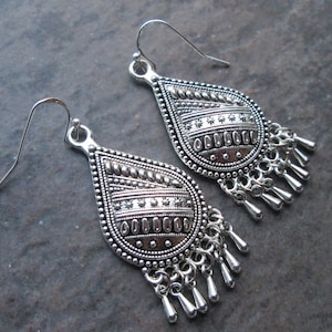 Silver Filigree chandelier earrings with sterling silver earwires and teardrop shape Boho dangle earrings Gift for Her