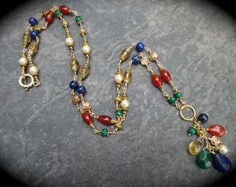 Extra Long Beaded Gemstone Necklace Rosary Style Carnelian Lapis Jade Citrine  Antique Gold Finish Fall colors 34" necklace