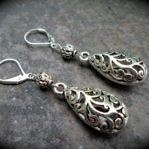 Silver filigree dangle earrings teardrop shaped silver filigree dangles with Sterling Silver lever backs or shepherd hooks