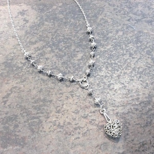 Y Style Heart Necklace with Rosary style chain and Silver Filigree beads Silver Filigree necklace 17 1/2” Gift for Her